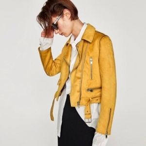 ZARA mustard yellow faux suede moto biker jacket size x small